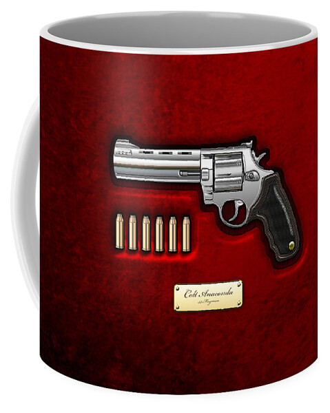 The Armory By Serge Averbukh Coffee Mug featuring the photograph .44 Magnum Colt Anaconda on Red Velvet by Serge Averbukh
