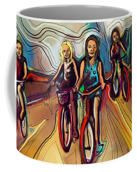  Coffee Mug featuring the painting 5 Bike Girls by John Gholson
