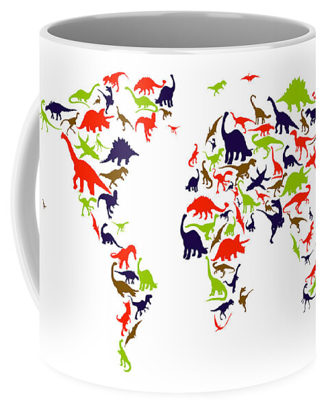 World Map Coffee Mug featuring the digital art Dinosaur Map of the World Map by Michael Tompsett