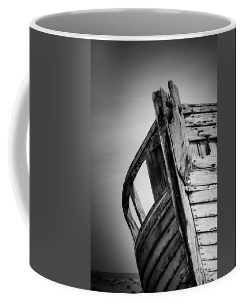 Dungeness Coffee Mug featuring the photograph Old Abandoned Boat Portrait BW by Rick Deacon