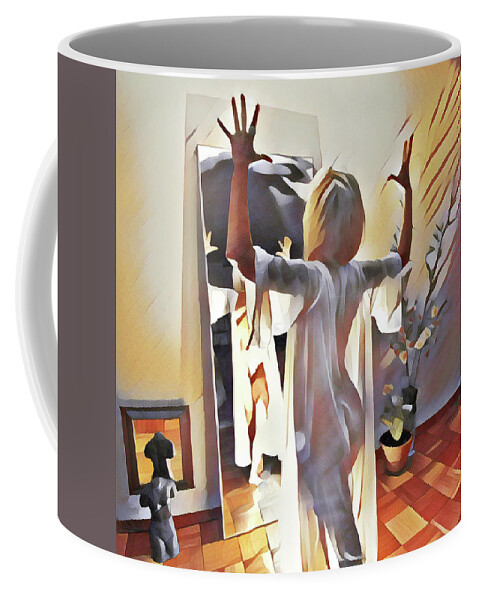 Woman Coffee Mug featuring the digital art 9906s-DM Woman Confronts Herself in Mirror by Chris Maher