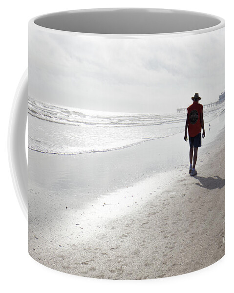 A Beach Walker And His Shadow Coffee Mug featuring the photograph A Beach Walker And His Shadow by Felix Lai