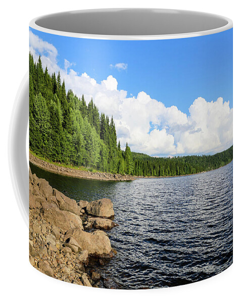 Lake Trees Forrest Rocks Rock Woods Summer Plant Countryside Sky Reflection Clouds Blue Green Cream Yellow Grey Sky Clouds White Grey Brown Black Summer Day Daytime Hike Fieldtrip Panorama Reflection Outdoors Nature Landscape Trees View Nordmarka Norway Scandinavia Europe Lake Trees Forrest Woods Water Waves Photo Photography Clouds Cloud Coffee Mug featuring the digital art A Bright Summer Day by Jeanette Rode Dybdahl