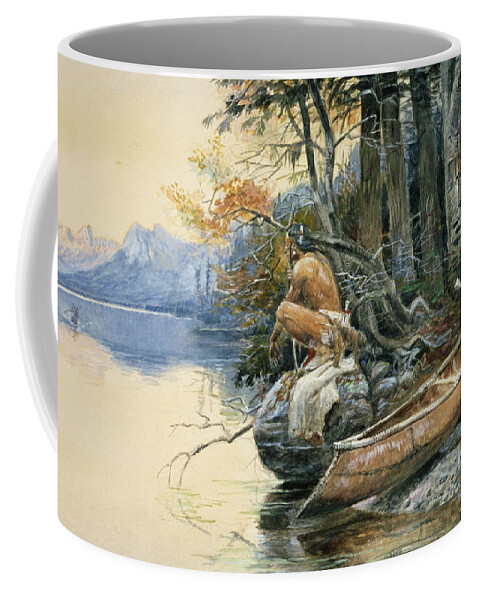 A Camp Site By The Lake Coffee Mug featuring the painting A Camp Site by the Lake by Charles Marion Russell
