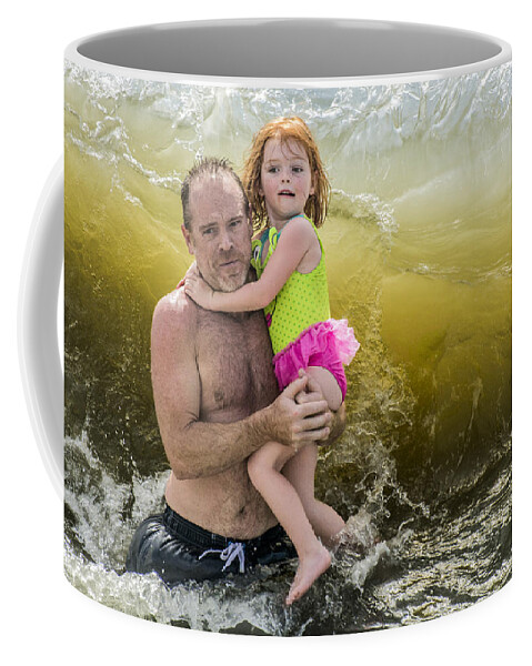 Beach Coffee Mug featuring the photograph A Father, A Daughter, and A Big Wave by WAZgriffin Digital