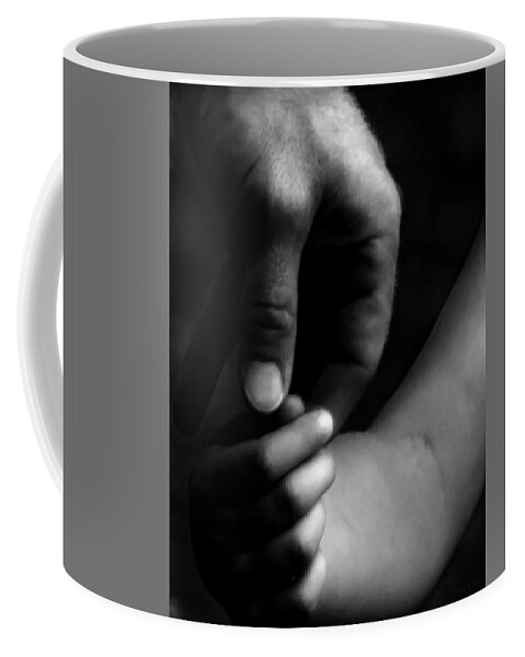 Hands Coffee Mug featuring the photograph A Fathers Touch BW by Lesa Fine