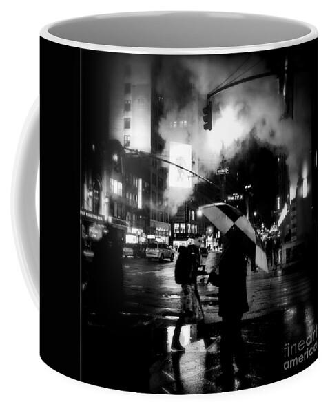 Street Photography Coffee Mug featuring the photograph A Foggy Night in New York Town - Checkered Umbrella by Miriam Danar