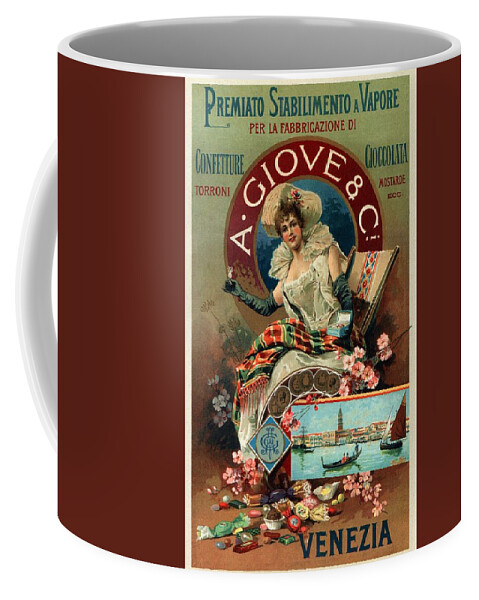 A Giove & Co Coffee Mug featuring the mixed media A Giove and Co - Venezia, Italy - Vintage Chocolate Advertising Poster by Studio Grafiikka