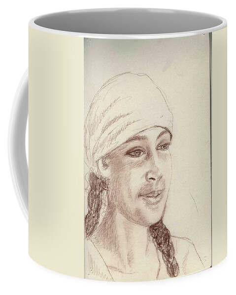 Girl In A Scarf Coffee Mug featuring the drawing A girl in a scarf by Asha Sudhaker Shenoy