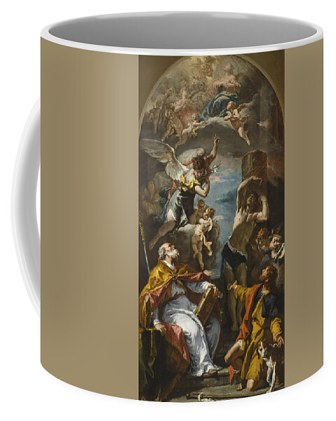Sebastiano Ricci Coffee Mug featuring the painting A Glory of the Virgin with the Archangel Gabriel and Saints Eusebius, Roch, and Sebastian by Sebastiano Ricci