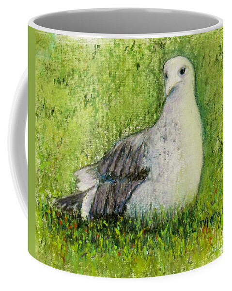Bird Coffee Mug featuring the painting A Gull On The Grass by Laurie Morgan