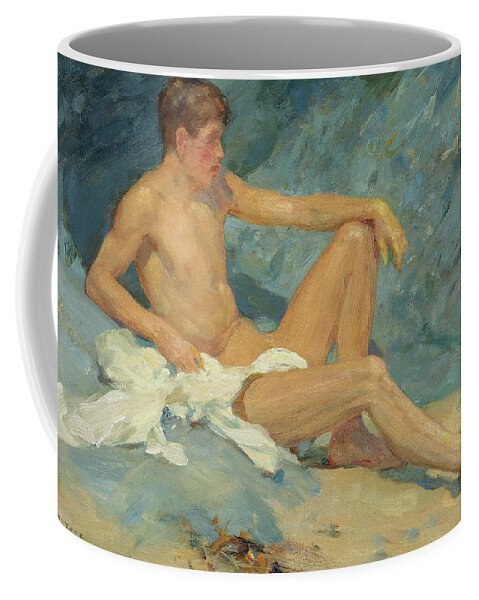 A Male Nude Reclining On Rocks Coffee Mug featuring the painting A male nude reclining on rocks by Henry Scott Tuke