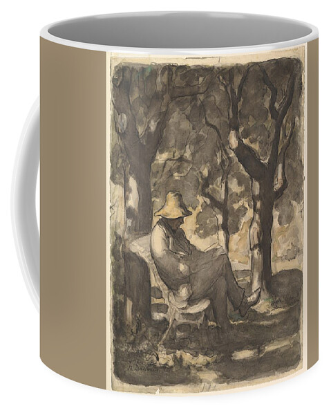 A Man Reading In A Garden Coffee Mug featuring the painting A Man Reading in a Garden by MotionAge Designs