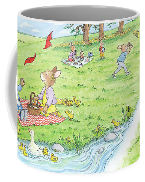 Breezy Bunnies Coffee Mug featuring the painting A Perfect Spring Day For A Picnic -- No Text by June Goulding