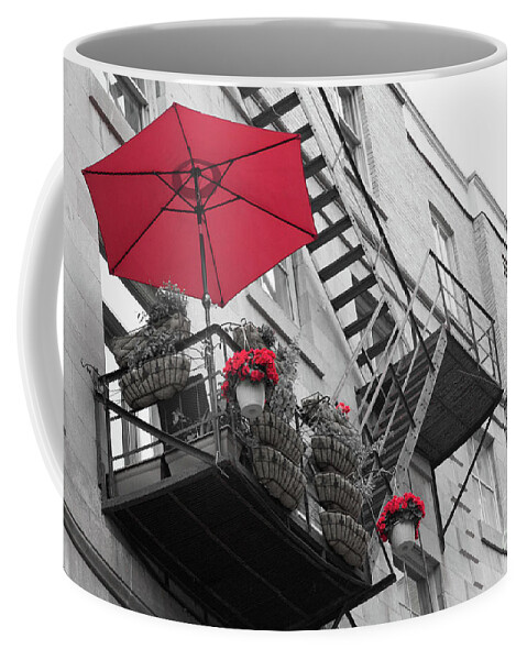 Canada Coffee Mug featuring the photograph A red umbrella on a balcony by Agnes Caruso