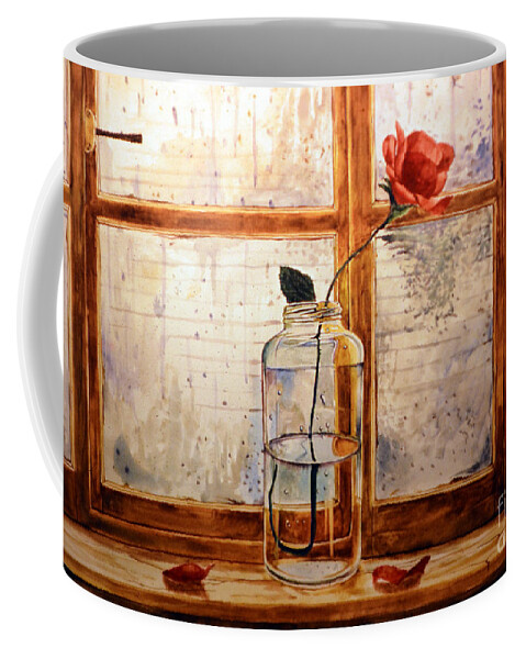 Rose Coffee Mug featuring the painting A rose in a glass jar on a rainy day by Christopher Shellhammer