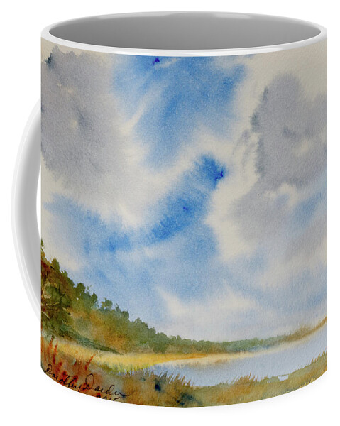 Beach Coffee Mug featuring the painting A secluded Inlet beneath billowing clouds by Dorothy Darden