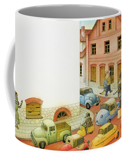 Striped Zebra Dog Traffic Cars Street Old Town City Animals Children Illustration Book Coffee Mug featuring the painting A Striped Story04 by Kestutis Kasparavicius