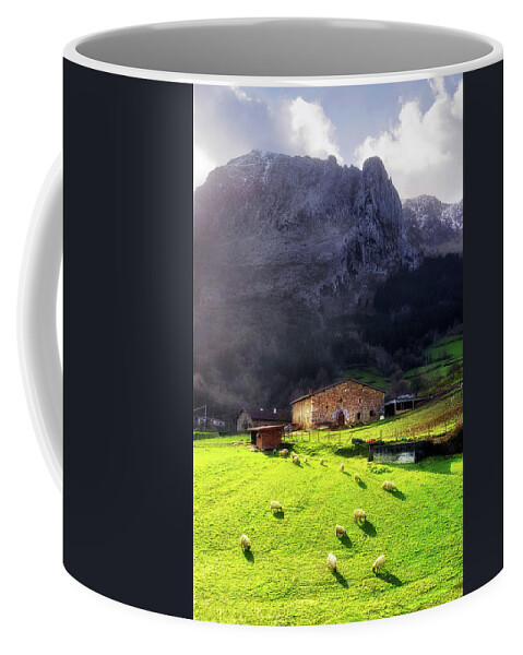 House Coffee Mug featuring the photograph A typical basque country farmhouse with sheep by Mikel Martinez de Osaba