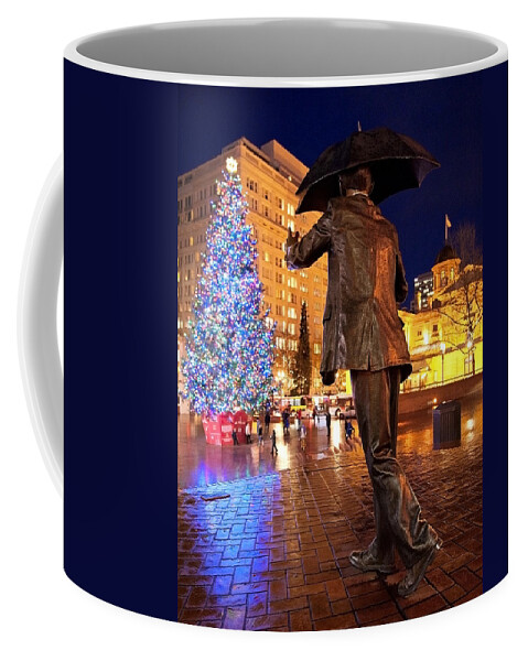 Portland Oregon Downtown Pioneer Square Umbrella Man Allow Me Statue Tree Christmas Time Holiday Dusk Evening Night Courthouse Bricks Wet Pavement December Coffee Mug featuring the photograph A Very Portland Christmas by Patrick Campbell