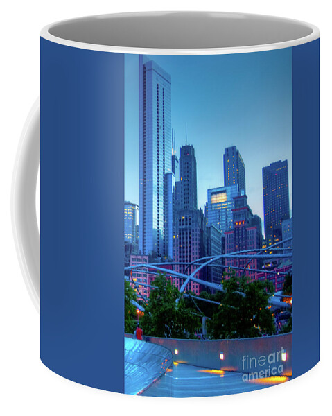 Amoco Bridge Coffee Mug featuring the photograph A View of Millenium Park from the Amoco Bridge in Chicago at Dus by David Levin
