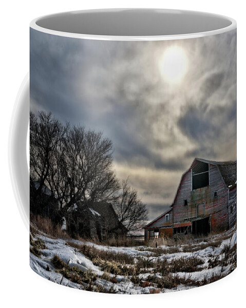Barn Rural Abandoned Nd North Dakota Landscape Horizontal Winter Snow White Red Grey Coffee Mug featuring the photograph Abandoned Blackmore Barn #2 by Peter Herman