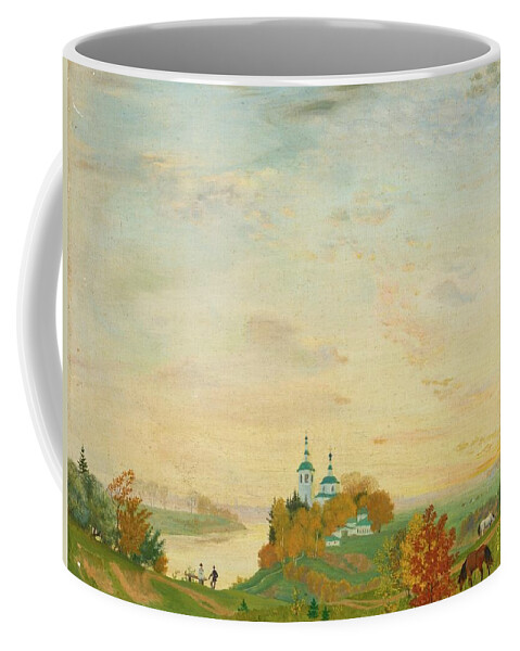 Boris Mikhailovich Kustodiev 1878-1927 Above The River Coffee Mug featuring the painting Above The River Autumn by MotionAge Designs