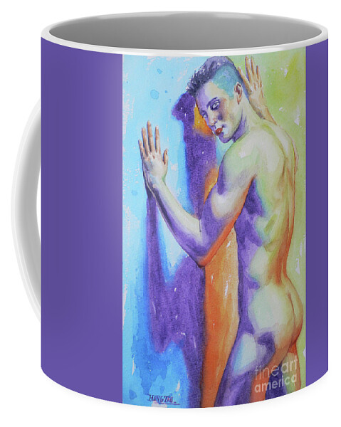 Waterfcolor Coffee Mug featuring the painting Abrstract watercolor painting male nude #17-1-3 by Hongtao Huang