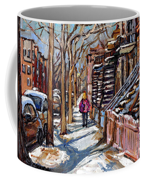 Montreal Coffee Mug featuring the painting Scenes De Ville De Montreal En Hiver Original Quebec Art For Sale Montreal Street Scene by Carole Spandau