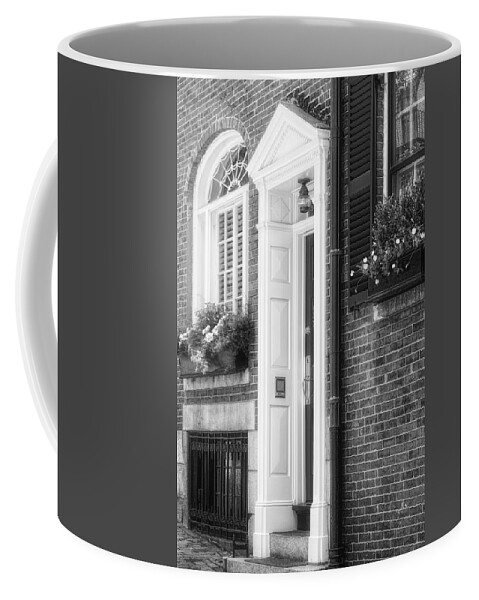 Acorn Street Coffee Mug featuring the photograph Acorn Street Door And Windows BW by Susan Candelario