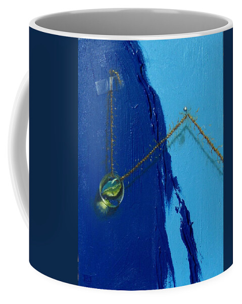 Marble Hanging By Rope Held By Tape And Needle Coffee Mug featuring the painting Acrobatics number two by Roger Calle