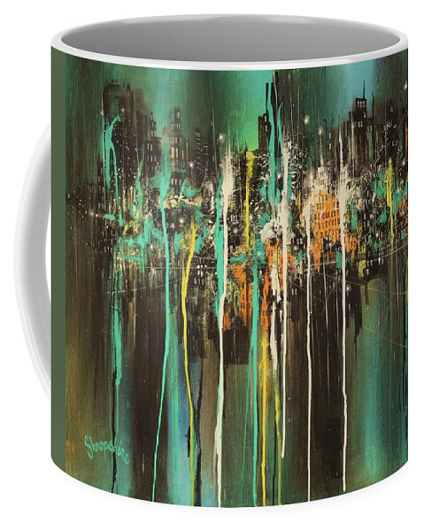 Semi-abstract; City Lights; City At Night; Tom Shropshire Paintings; Impressionistic; Night Lights; Cityscape; Urban Landscape Coffee Mug featuring the painting Across The Bay by Tom Shropshire