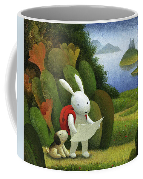 Rabbit Coffee Mug featuring the painting Adventurers by Chris Miles