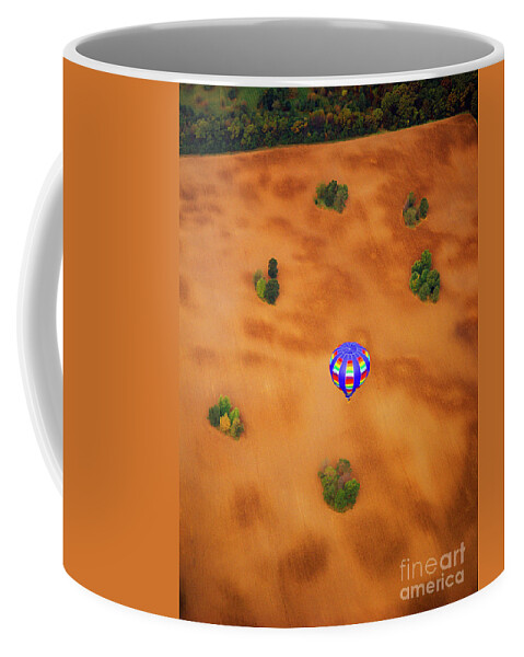  Aerial Coffee Mug featuring the photograph Aerial of Hot Air Balloon above tilled field fall by Tom Jelen