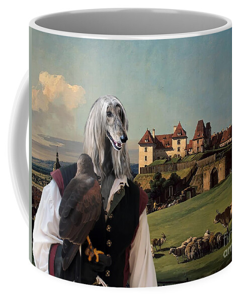 Afghan Hound Canvas Coffee Mug featuring the painting Afghan Hound-Falconer and castle Canvas Fine Art Print by Sandra Sij
