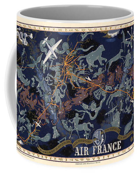 Air France Coffee Mug featuring the drawing Air France - Illustrated Poster of the Constellations - Blue - Celestial Map - Celestial Atlas by Studio Grafiikka