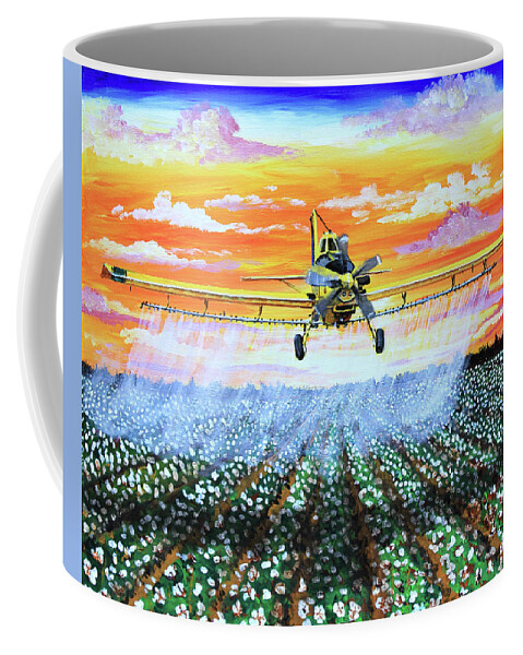 Air Tractor Coffee Mug featuring the painting Air Tractor at Sunset Over Cotton by Karl Wagner