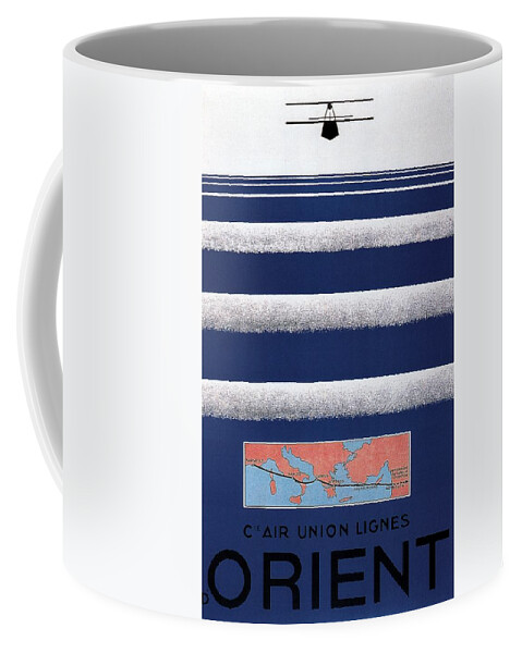 Air Union Lignes Coffee Mug featuring the painting Air Union Lines to the Orient - Vintage Airline Poster - Minimalist by Studio Grafiikka