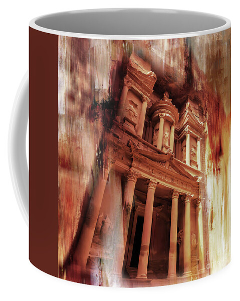 The Ancient Treasury Coffee Mug featuring the painting Al Khazneh Petra Jordan 01 by Gull G