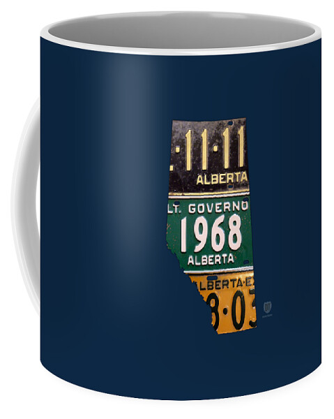 Alberta Coffee Mug featuring the mixed media Alberta Canada Province Map Made from Recycled Vintage License Plates by Design Turnpike