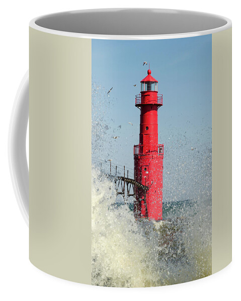 Lighthouse Coffee Mug featuring the photograph Algoma Lighthouse _ Splashed By A Wave by Janice Adomeit