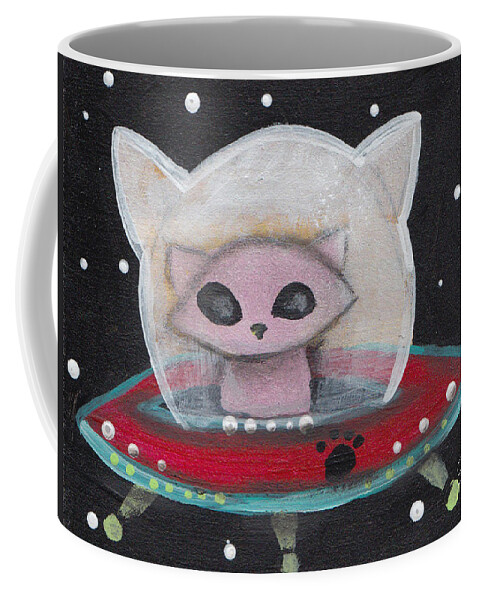 Mid Century Modern Coffee Mug featuring the painting Alien Saucer Cat by Abril Andrade