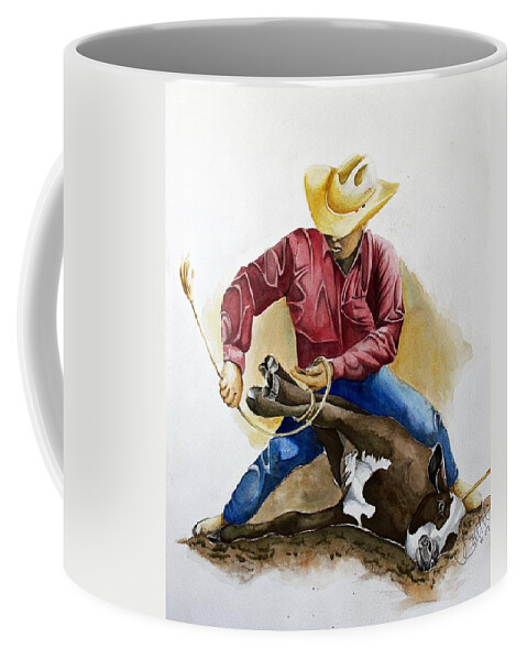 Calf Coffee Mug featuring the painting All Cinched Up by Jimmy Smith