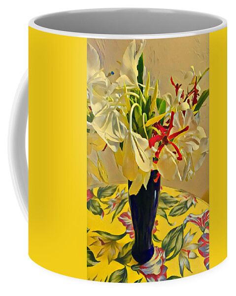 #alohabouquetoftheday #whiteginger #flowersofaloha #newhue Coffee Mug featuring the photograph Aloha Bouquet of the Day - White Gingert with Red Orchids - a New Hue by Joalene Young