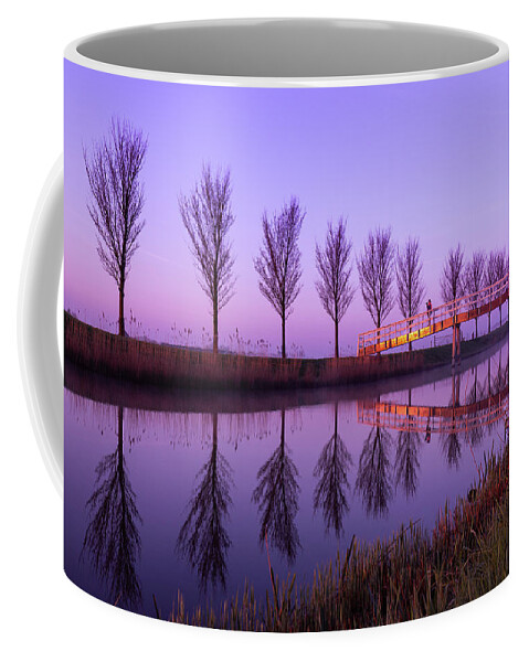 Bridge Coffee Mug featuring the photograph Alone on a Canal Bridge by Sue Leonard