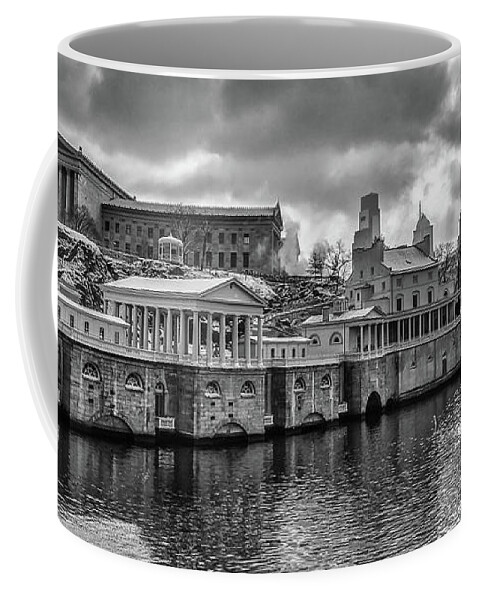 Winter Coffee Mug featuring the photograph Along the Schuylkill River - Fairmount Waterworks in Black and W by Bill Cannon