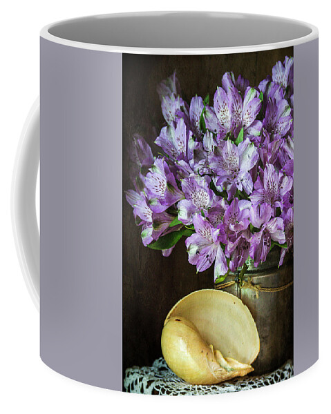 Alstroemeria Coffee Mug featuring the photograph Alstroemeria with Seashell by Cindi Ressler