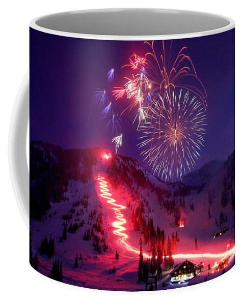 Alta Ski Utah Torchlight Fireworks Celebration Birthday Coffee Mug featuring the photograph Alta Ski Area 75th Birthday Celebration by Brett Pelletier