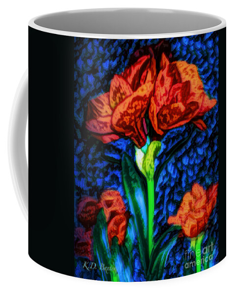 Brilliant Impressionist And Abstract Of Amyrillis Red Flower With Long Stem And Elongated Leaves Impressionistic Royal Blue And Dark Navy Blue Look Of Stained Glass Nature Scene Flower Works Red Flowers Red And Blue Colors Mixed Media Photograph And Digital Painting Coffee Mug featuring the photograph Amaryllis Van Gogh Style by Kimberlee Baxter