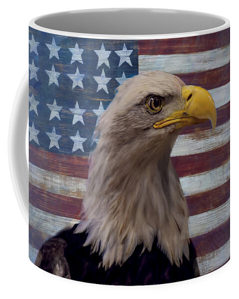 American Bald Eagle Coffee Mug featuring the photograph American bald eagle and American flag by Garry Gay